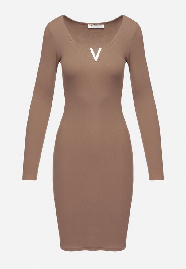 Born2be - Brązowa Prążkowana Sukienka Dopasowana z Bawełny z Ozdobną Wstawką przy Dekolcie Delamith. Okazja: na co dzień, na spotkanie biznesowe, do pracy. Kolor: brązowy. Materiał: prążkowany, bawełna. Typ sukienki: dopasowane, proste. Styl: casual, biznesowy, elegancki