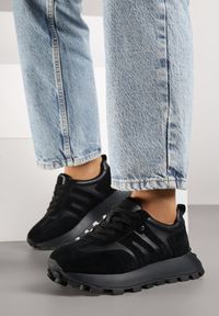 Born2be - Czarne Skórzane Sneakersy z Geometrycznym Motywem Melussea. Okazja: na co dzień. Kolor: czarny. Materiał: skóra. Wzór: geometria. Sezon: wiosna