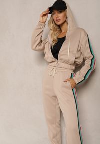 Renee - Beżowy Komplet Dresowy z Kolorowym Lampasem Bluza z Kapturem i Spodnie Joggery Nevarielles. Kolor: beżowy. Materiał: dresówka. Wzór: kolorowy