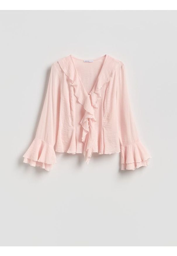Reserved - Koszula z falbanami - pastelowy róż. Kolor: różowy. Materiał: wiskoza, bawełna