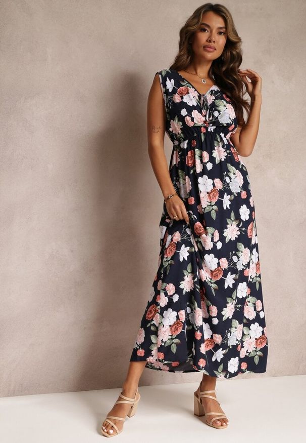 Renee - Czarna Sukienka Maxi w Kwiaty z Gumką w Talii Kaleita. Kolor: czarny. Materiał: bawełna, tkanina. Długość rękawa: bez rękawów. Wzór: kwiaty. Sezon: lato. Długość: maxi