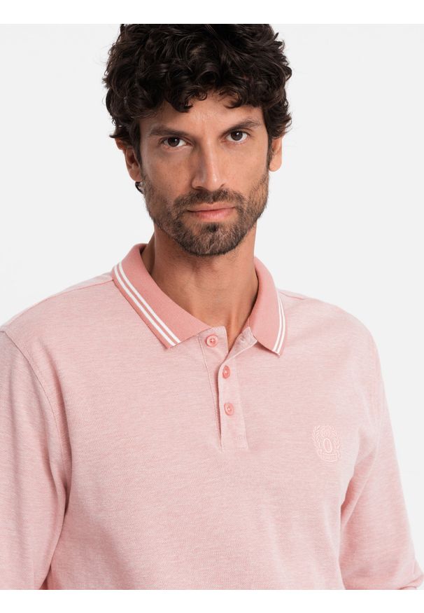 Ombre Clothing - Męski melanżowy longsleeve polo z haftem – różowy melanż V2 OM-POLS-0129 - XXL. Okazja: na co dzień. Typ kołnierza: polo. Kolor: różowy. Materiał: dzianina, bawełna. Długość rękawa: długi rękaw. Długość: długie. Wzór: melanż, haft. Styl: klasyczny, sportowy, casual