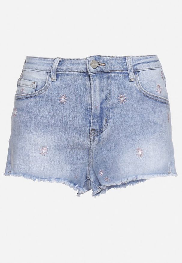 Born2be - Niebieskie Szorty Jeansowe z Wysokim Stanem i Postrzępionymi Nogawkami Demidia. Okazja: na co dzień, na imprezę. Stan: podwyższony. Kolor: niebieski. Materiał: jeans. Sezon: lato. Styl: casual