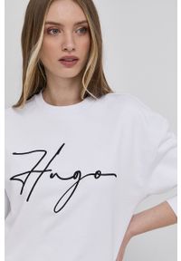 Hugo - HUGO bluza bawełniana damska kolor biały z aplikacją. Kolor: biały. Materiał: bawełna. Długość rękawa: długi rękaw. Długość: długie. Wzór: aplikacja
