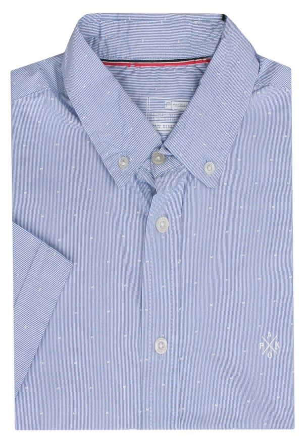 Pako Jeans - Koszula Męska Bawełniana, Niebieska w Drobny Wzór, Casualowa, Krótki Rękaw -PAKO JEANS. Okazja: na co dzień. Kolor: niebieski. Materiał: bawełna. Długość rękawa: krótki rękaw. Długość: krótkie. Styl: casual