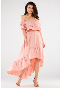 Awama - Długa Asymetryczna Spódnica - Różowa. Kolor: różowy. Materiał: elastan, poliester. Długość: długie