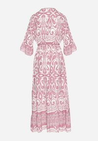 Born2be - Różowa Sukienka Bawełniana w Ornamentalny Wzór z Gumką w Talii Orrielle. Okazja: na co dzień. Typ kołnierza: dekolt w serek. Kolor: różowy. Materiał: bawełna. Typ sukienki: sportowe. Styl: casual, sportowy #2