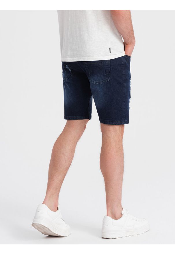Ombre Clothing - Krótkie spodenki męskie jeansowe z dziurami – ciemnoniebieskie V3. Okazja: na co dzień. Kolor: niebieski. Materiał: jeans. Długość: krótkie. Wzór: aplikacja. Styl: klasyczny, casual
