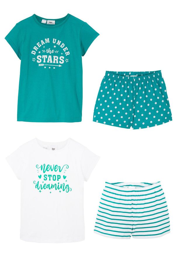 bonprix - Bawełniana piżama z krótkimi spodniami i krótkimi rękawami (4 części). Kolor: zielony. Materiał: bawełna. Długość: krótkie. Wzór: nadruk, aplikacja, napisy