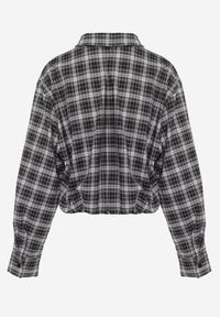 Renee - Czarna Koszula z Bawełny Typu Crop w Kratę Ozdobiona Marszczeniem Risettes. Okazja: na co dzień. Kolor: czarny. Materiał: bawełna. Wzór: aplikacja. Styl: casual #3