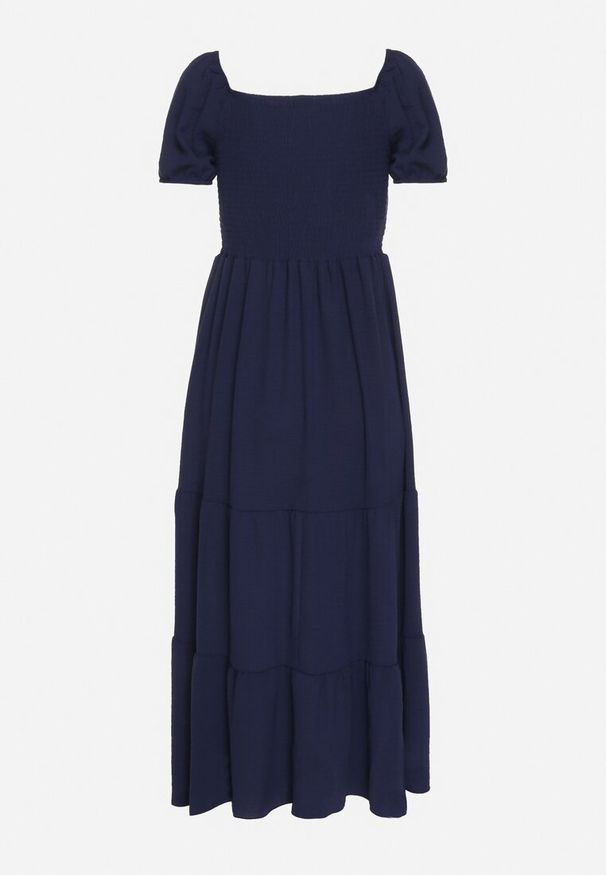 Born2be - Granatowa Rozkloszowana Sukienka z Dekoltem Typu Hiszpanka z Marszczeniem Lumorice. Okazja: na co dzień. Typ kołnierza: dekolt hiszpanka. Kolor: niebieski. Styl: casual, elegancki