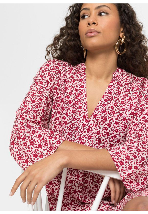 bonprix - Sukienka mini z falbanami, z lejącej wiskozy. Typ kołnierza: dekolt w serek. Kolor: biały. Materiał: wiskoza. Długość: mini