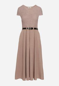 Born2be - Ciemnobeżowa Rozkloszowana Sukienka z Paskiem z Imitacji Skóry Drinna. Typ kołnierza: dekolt w kształcie V. Kolor: beżowy. Materiał: skóra. Długość rękawa: krótki rękaw. Wzór: aplikacja. Styl: elegancki #2