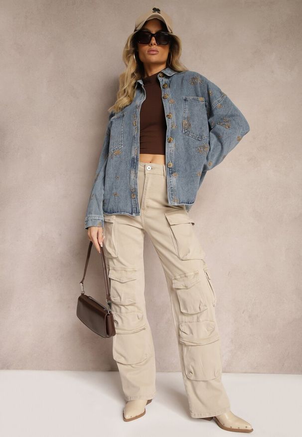 Renee - Niebieska Koszulowa Kurtka Jeansowa z Bawełny w Hafty Merinorie. Okazja: na co dzień. Kolor: niebieski. Materiał: bawełna, jeans. Długość rękawa: długi rękaw. Długość: długie. Wzór: haft. Styl: casual