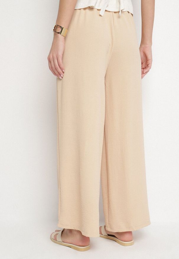 Born2be - Beżowe Spodnie Palazzo o Szerokim Kroju z Wysokim Stanem Aravenna. Okazja: na co dzień. Stan: podwyższony. Kolor: beżowy. Wzór: aplikacja. Styl: casual, elegancki