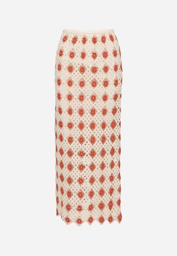 Born2be - Czerwona Szydełkowa Spódnica o Ołówkowym Kroju z Gumką w Pasie Banollia. Okazja: na co dzień. Kolor: czerwony. Wzór: aplikacja. Styl: casual, elegancki