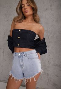 Renee - Niebieskie Jeansowe Szorty z Bawełną High Waist z Postrzępionymi Nogawkami Calamailt. Okazja: na co dzień. Stan: podwyższony. Kolor: niebieski. Materiał: bawełna, jeans. Styl: casual #1