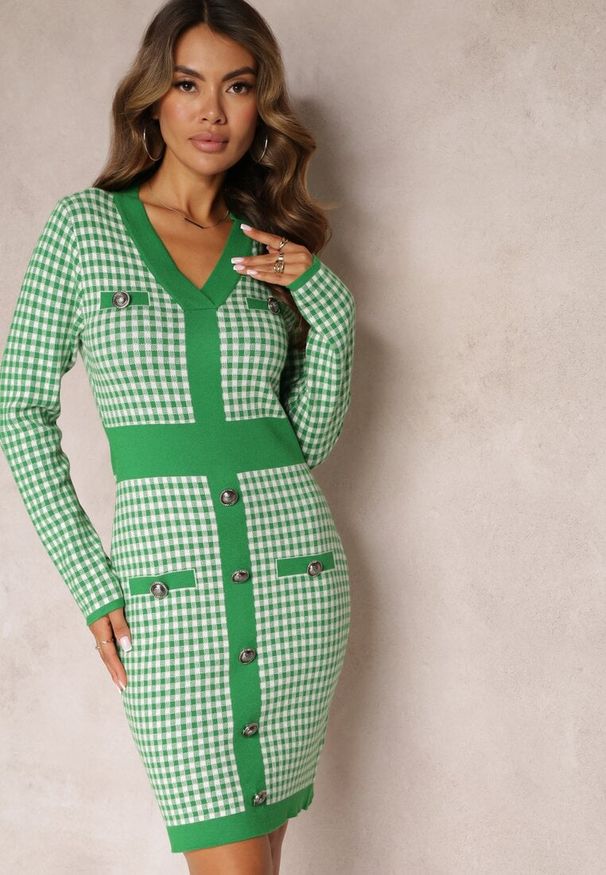Renee - Zielono-Biała Dzianinowa Sukienka Mini w Kratę Zelibra. Kolor: zielony. Materiał: dzianina. Wzór: aplikacja. Styl: elegancki. Długość: mini