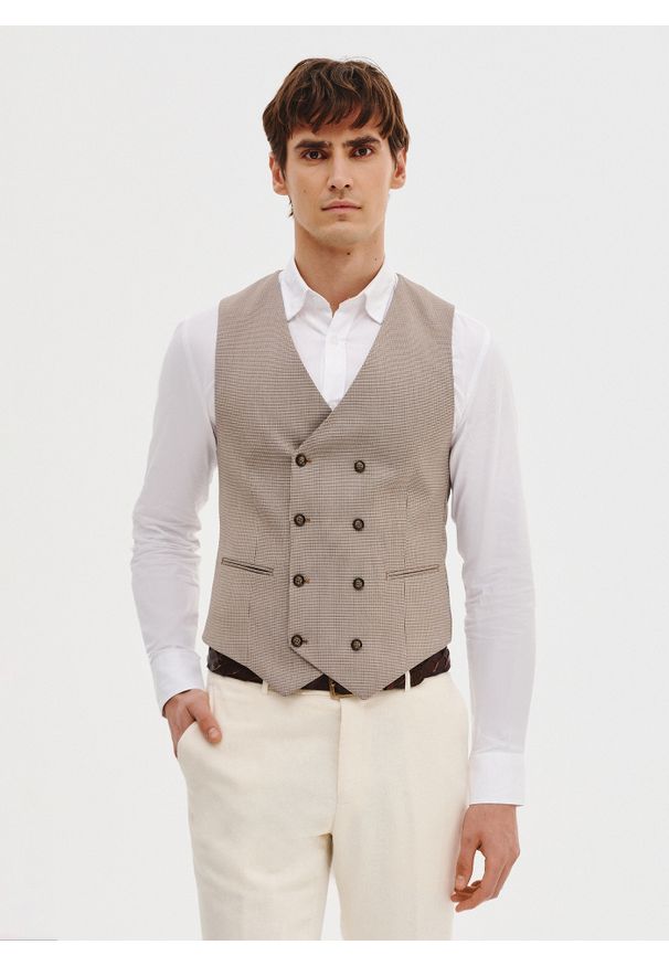 Pako Lorente - PAKO LORENTE - Dwurzędowa kamizelka męska w drobną kratę. Materiał: poliester, elastan, wiskoza. Styl: elegancki, młodzieżowy