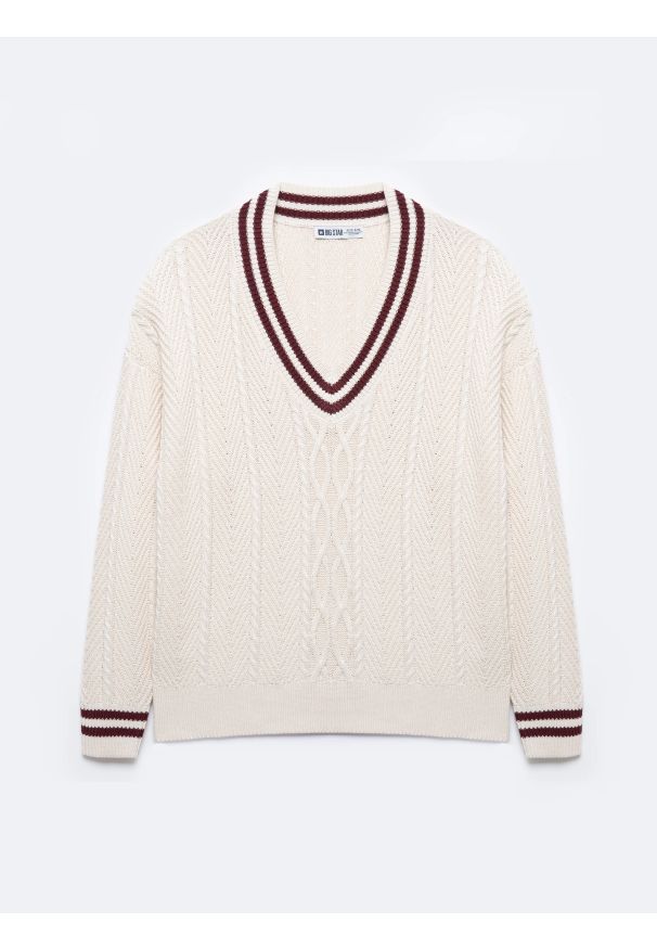 Big-Star - Sweter damski z wiskozy z dekoltem v-neck kremowy Cyntylia 102. Kolor: kremowy. Materiał: wiskoza. Wzór: ze splotem. Styl: klasyczny