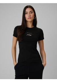 4f - 4F T-shirt slim z nadrukiem damski - czarny S. Okazja: na co dzień. Kolor: czarny. Materiał: jeans, materiał. Wzór: nadruk. Styl: casual #1