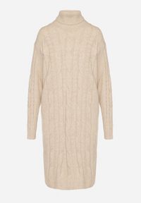 Born2be - Jasnobeżowa Sweterkowa Sukienka z Golfem Wełną i Bawełną Ozdobiona Splotem Reiania. Okazja: do pracy, na co dzień, na spotkanie biznesowe. Typ kołnierza: golf. Kolor: beżowy. Materiał: wełna, bawełna. Wzór: aplikacja, ze splotem. Typ sukienki: proste. Styl: casual, biznesowy #2