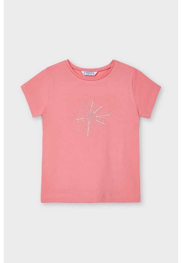 Mayoral - T-shirt dziecięcy. Okazja: na co dzień. Kolor: różowy. Materiał: bawełna, dzianina, elastan. Długość rękawa: krótki rękaw. Długość: krótkie. Wzór: aplikacja. Styl: casual