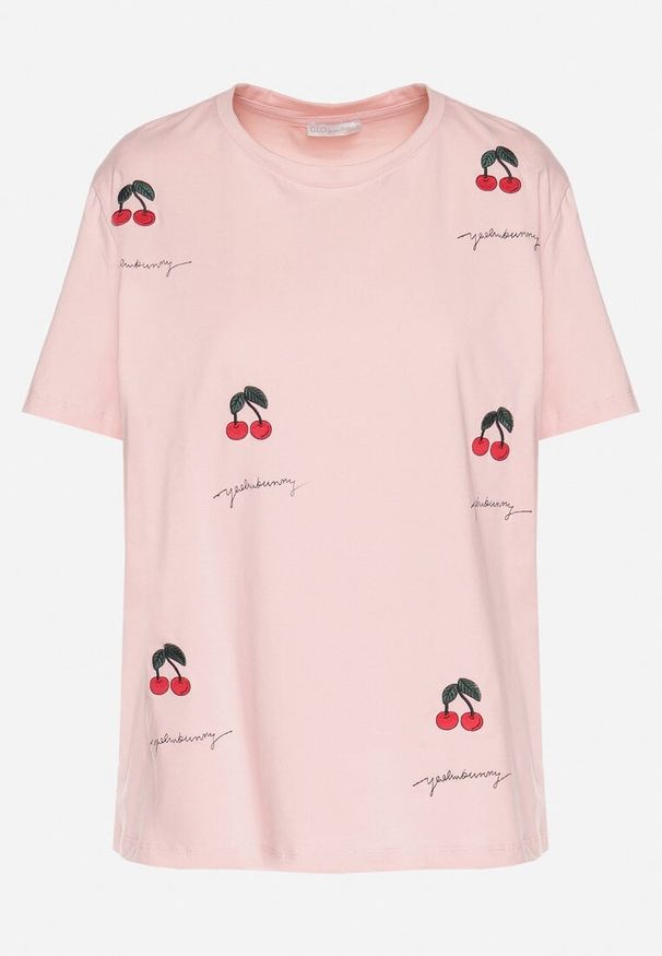 Born2be - Różowy Bawełniany T-shirt Zdobiony Haftem z Motywem w Wiśnie Nevianira. Okazja: na co dzień. Kolor: różowy. Materiał: bawełna. Wzór: haft, aplikacja. Styl: casual