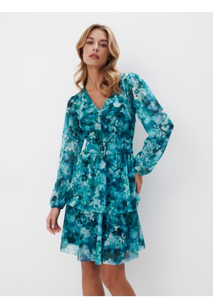 Turkusowa sukienka Mohito w kwiaty, mini 002AQ-67P / 2886574