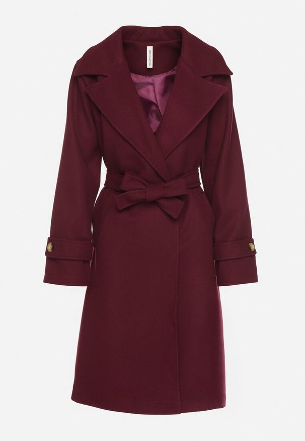 Born2be - Bordowy Płaszcz Niezapinany Wiązany Materiałowym Paskiem w Talii z Kieszeniami i Kołnierzem Neeraja. Kolor: czerwony, fioletowy. Materiał: materiał. Wzór: aplikacja, paski. Styl: klasyczny
