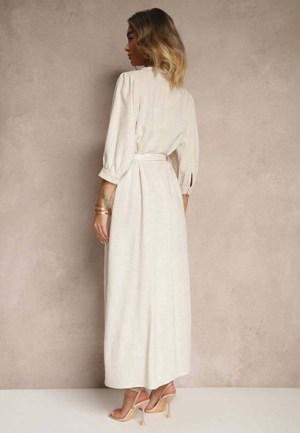 Renee - Ciemnobeżowa Sukienka Koszulowa z Wiskozą Lnem i Paskiem Galenena. Okazja: na co dzień. Kolor: beżowy. Materiał: wiskoza, len. Wzór: aplikacja. Typ sukienki: koszulowe. Styl: casual, elegancki, klasyczny