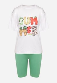 Born2be - Zielono-Biały Komplet z T-shirtem i Szortami Typu Kolarki Tiimavee. Kolor: zielony. Materiał: dzianina #6