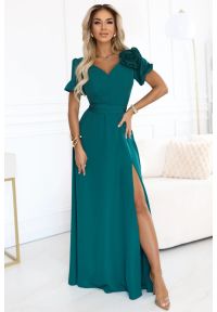 Numoco - Długa suknia wieczorowa rozkloszowana butelkowa zieleń. Okazja: na studniówkę, na ślub cywilny, na wesele, na imprezę. Styl: wizytowy. Długość: maxi #1