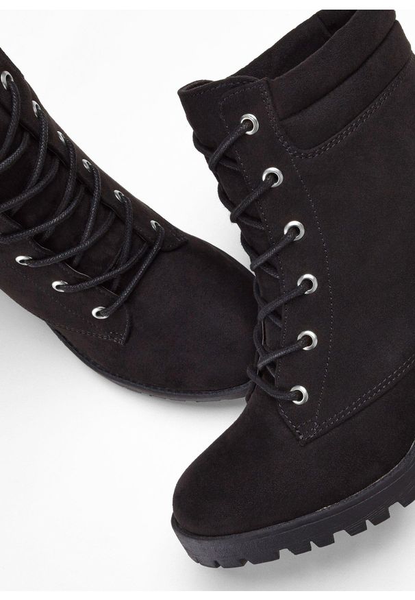 bonprix - Botki sznurowane. Kolor: czarny. Obcas: na obcasie. Styl: elegancki. Wysokość obcasa: średni