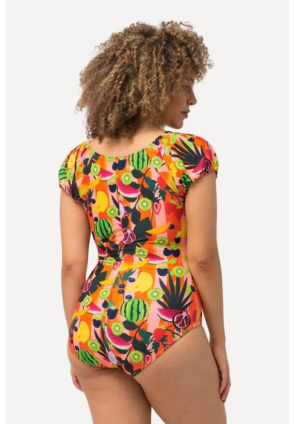 ULLA POPKEN - Damski Kostium kąpielowy owoce miękkie miseczki bufiaste rękawy. Kolekcja: plus size. Kolor: pomarańczowy. Materiał: poliamid, elastan