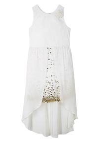 Sukienka dziewczęca z tiulową wstawką, na uroczyste okazje bonprix biel wełny - złoty. Kolor: biały. Materiał: tiul, wełna. Wzór: aplikacja #1