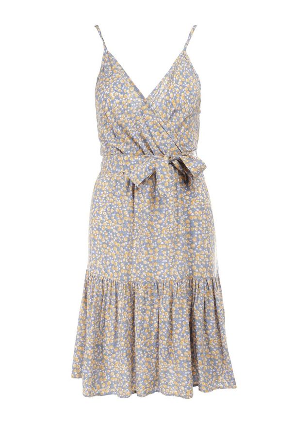 Born2be - Niebiesko-Żółta Sukienka Zotemus. Kolor: niebieski. Materiał: materiał, wiskoza. Długość rękawa: na ramiączkach. Wzór: aplikacja, kwiaty. Typ sukienki: kopertowe. Długość: mini