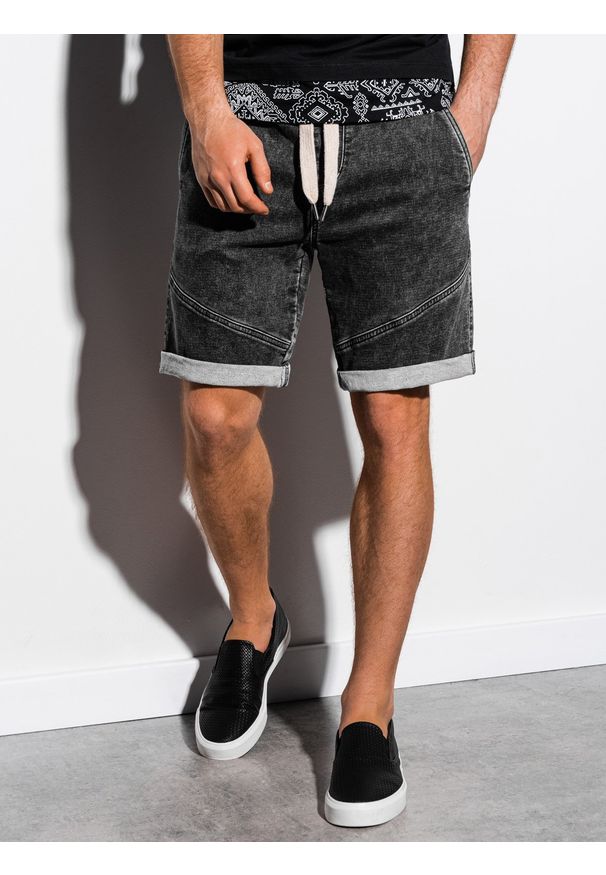 Ombre Clothing - Krótkie spodenki męskie jeansowe W219 - czarne - L. Kolor: czarny. Materiał: jeans. Długość: krótkie. Wzór: aplikacja
