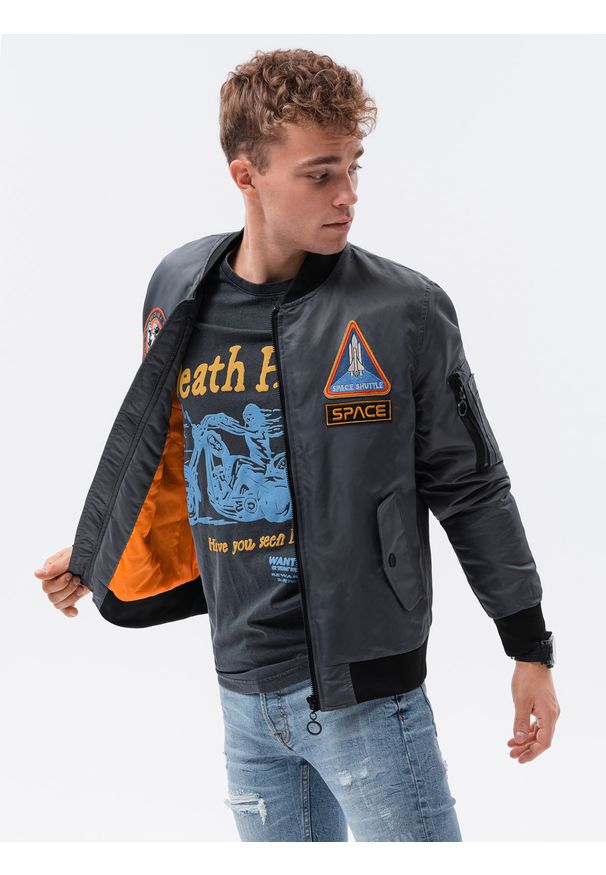 Szara kurtka Ombre Clothing w kolorowe wzory, na wiosnę, elegancka, ze stójką