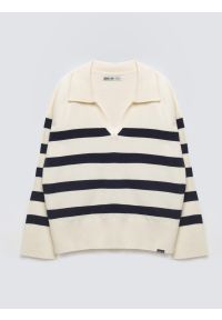 Big-Star - Sweter damski polo w pasy kremowo-czarne Alina 100. Okazja: na co dzień. Typ kołnierza: polo. Kolor: biały. Materiał: skóra, wiskoza. Wzór: gładki, paski. Styl: casual, elegancki #2