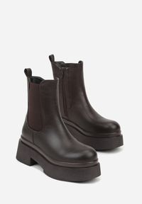 Renee - Brązowe Botki Sztyblety na Platformie Tevirka. Zapięcie: pasek. Kolor: brązowy. Materiał: satyna, jeans. Obcas: na platformie #4