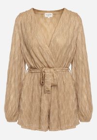 Born2be - Ciemnobeżowy Kombinezon o Kopertowym Kroju Zdobiony Błyszczącą Nitką i Wiązany w Pasie Venvina. Kolor: beżowy. Materiał: skóra. Wzór: aplikacja. Styl: elegancki #3
