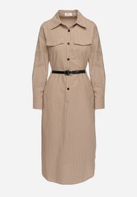 Born2be - Ciemnobeżowa Koszulowa Sukienka na Guziki z Paskiem i Imitacją Kieszeni Tintarra. Kolor: beżowy. Typ sukienki: koszulowe. Styl: elegancki, sportowy, klasyczny #7