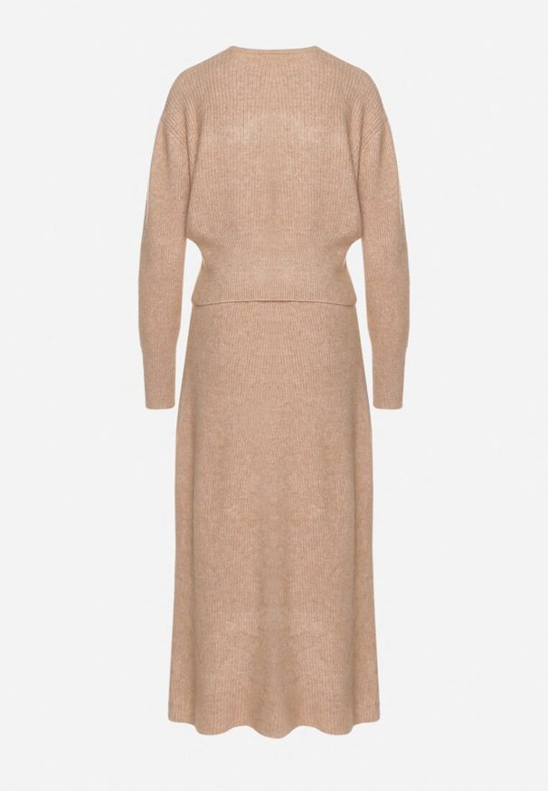 Born2be - Ciemnobeżowy Dzianinowy Komplet z Wełną Spódnica z Gumką i Kardigan na Guziki Colzina. Kolor: beżowy. Materiał: dzianina, wełna