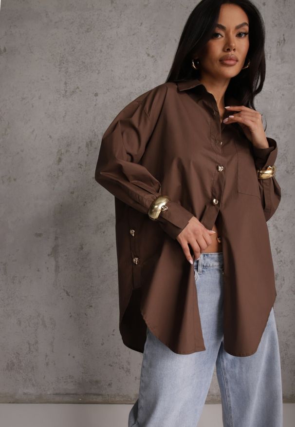 Renee - Brązowa Oversizowa Koszula z Bawełny z Eleganckimi Guzikami Rhenenore. Kolor: brązowy. Materiał: bawełna. Długość: krótkie. Styl: elegancki