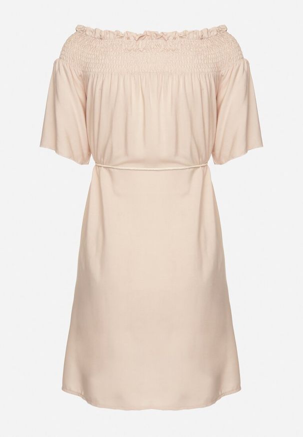 Born2be - Beżowa Sukienka z Wiskozą Bawełną Hiszpańskim Dekoltem i Sznurkiem Lilarenne. Okazja: na co dzień. Kolor: beżowy. Materiał: wiskoza, bawełna. Sezon: lato. Styl: elegancki, casual