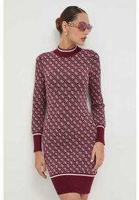 Guess sukienka kolor bordowy mini dopasowana. Kolor: czerwony. Materiał: dzianina. Długość rękawa: długi rękaw. Typ sukienki: dopasowane. Długość: mini #1