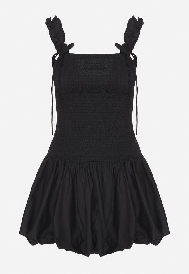 Born2be - Czarna Bawełniana Sukienka Bombka na Ramiączkach z Elastyczną Górą Linarisena. Okazja: na co dzień, na imprezę. Typ kołnierza: kokarda. Kolor: czarny. Materiał: bawełna. Długość rękawa: na ramiączkach. Typ sukienki: bombki. Styl: casual, elegancki