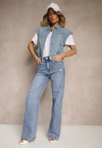 Renee - Niebieskie Jeansy High Waist z Szeroką Nogawką Zdobione Przetarciami Napinea. Stan: podwyższony. Kolor: niebieski. Wzór: aplikacja. Styl: elegancki, vintage #4