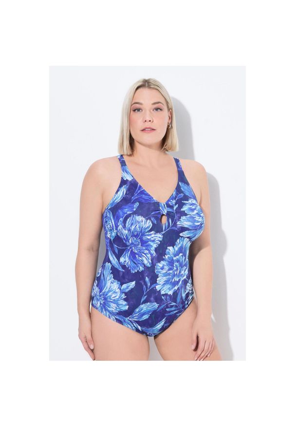ULLA POPKEN - Damski Kostium kąpielowy kwiaty miękkie miseczki ozdobny węzeł. Kolekcja: plus size. Kolor: niebieski. Materiał: poliester, elastan, poliamid, materiał. Wzór: kwiaty